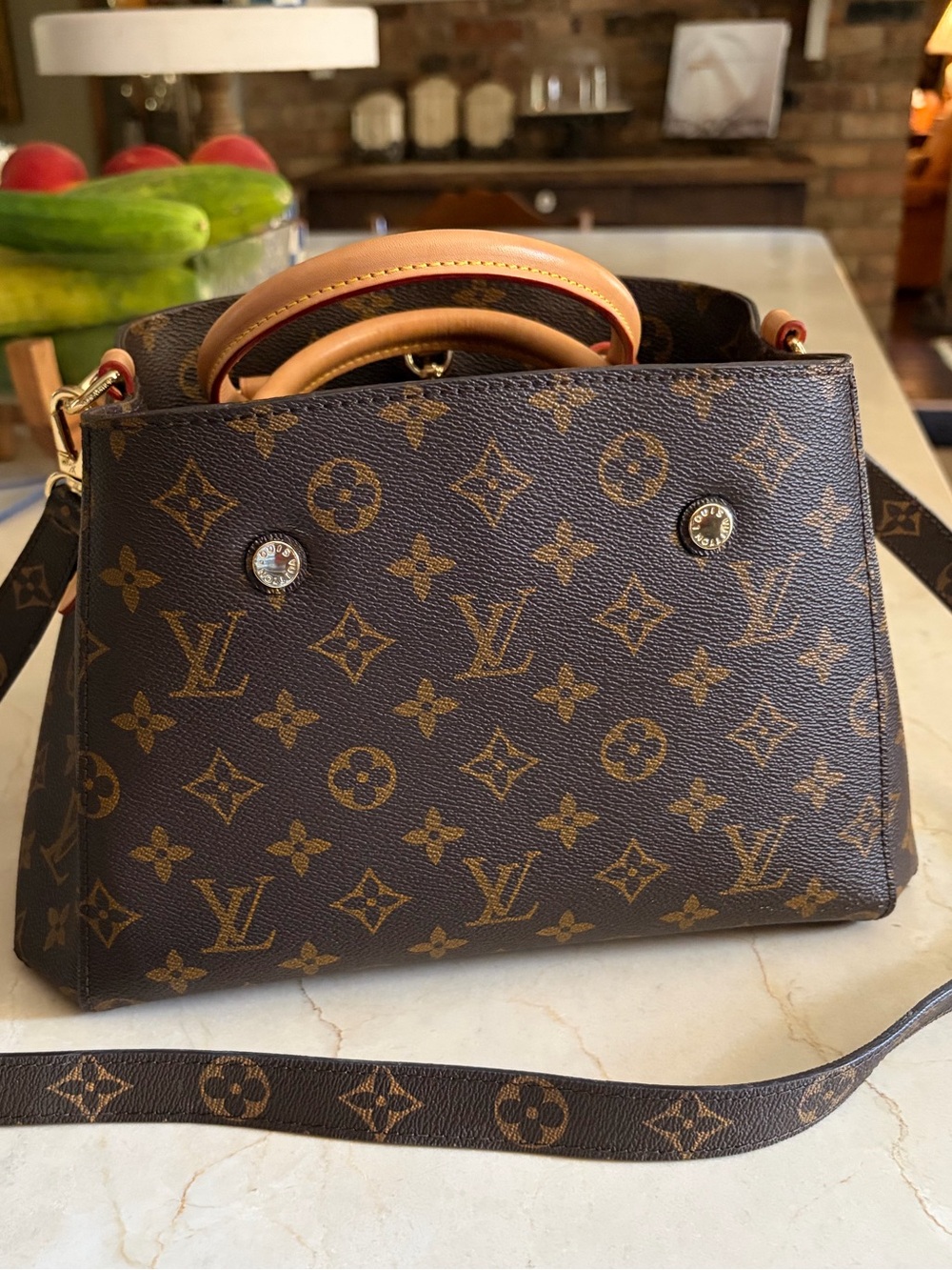 Louis Vuitton Brown Monogram Montaigne Canvas Crossbody Satchel with Tan Handles